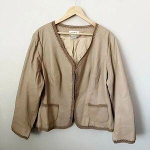 NINE WEST | Nude Beige Leather Jacket Crochet Trim Coat Hook & Eye Closure | 2X